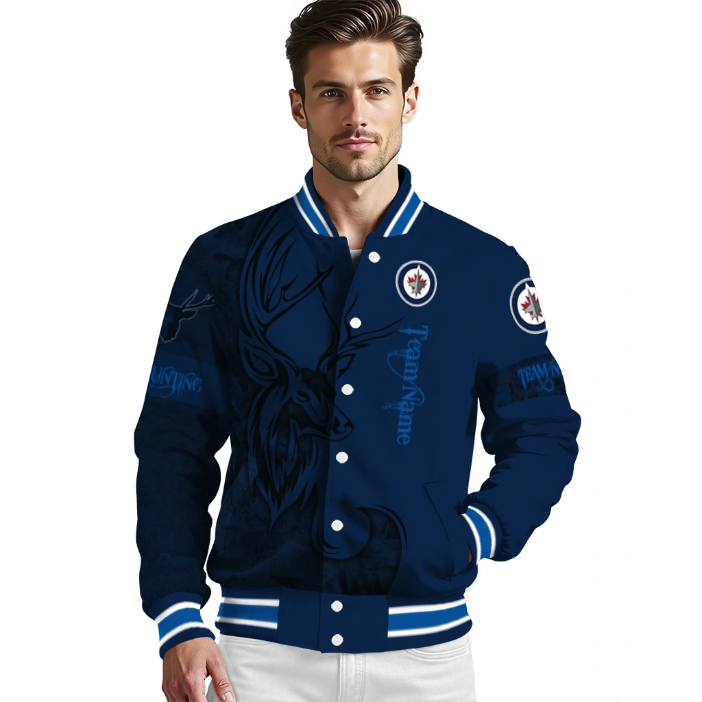 customized winnipeg jets tribal deer art blue varsity jacket high quality customized winnipeg jets tribal deer art blue varsity jacket high quality