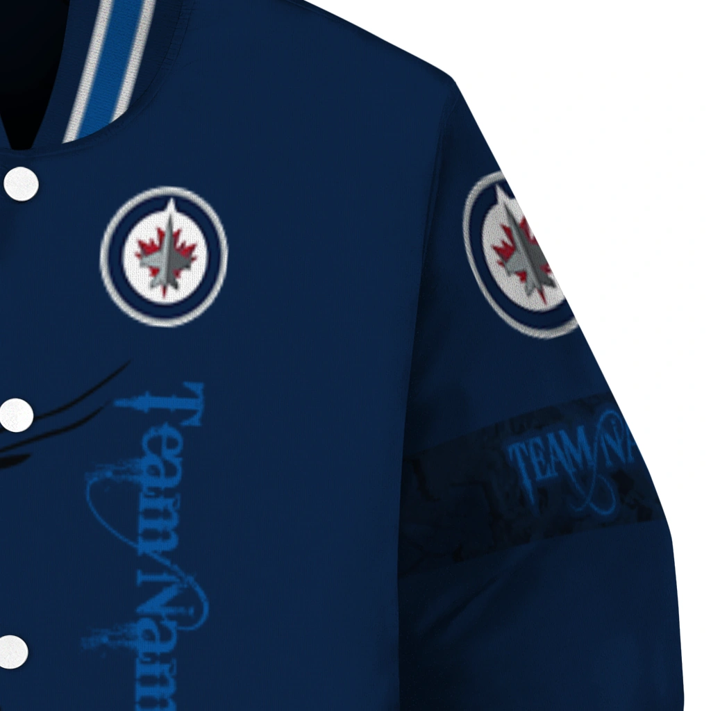 customized winnipeg jets tribal deer art blue varsity jacket premium grade customized winnipeg jets tribal deer art blue varsity jacket premium grade