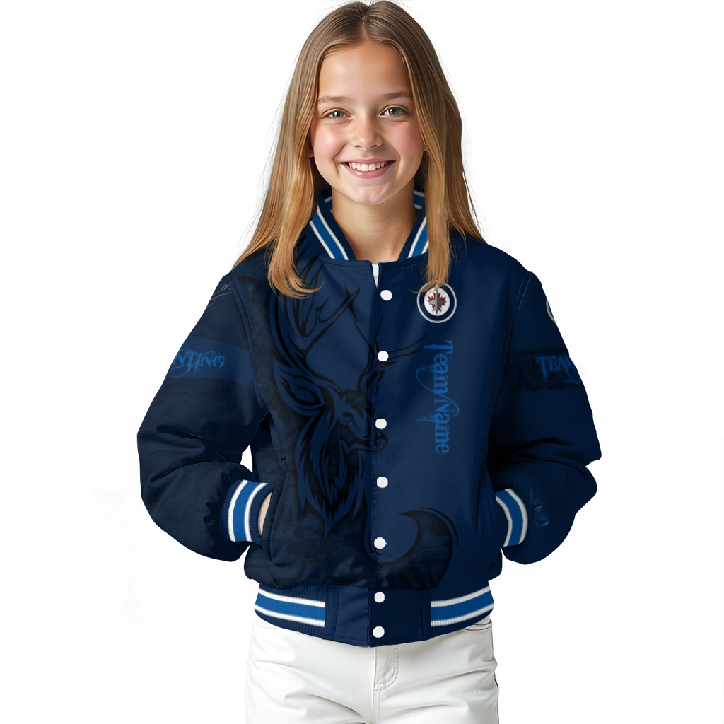 customized winnipeg jets tribal deer art blue varsity jacket top rated customized winnipeg jets tribal deer art blue varsity jacket top rated