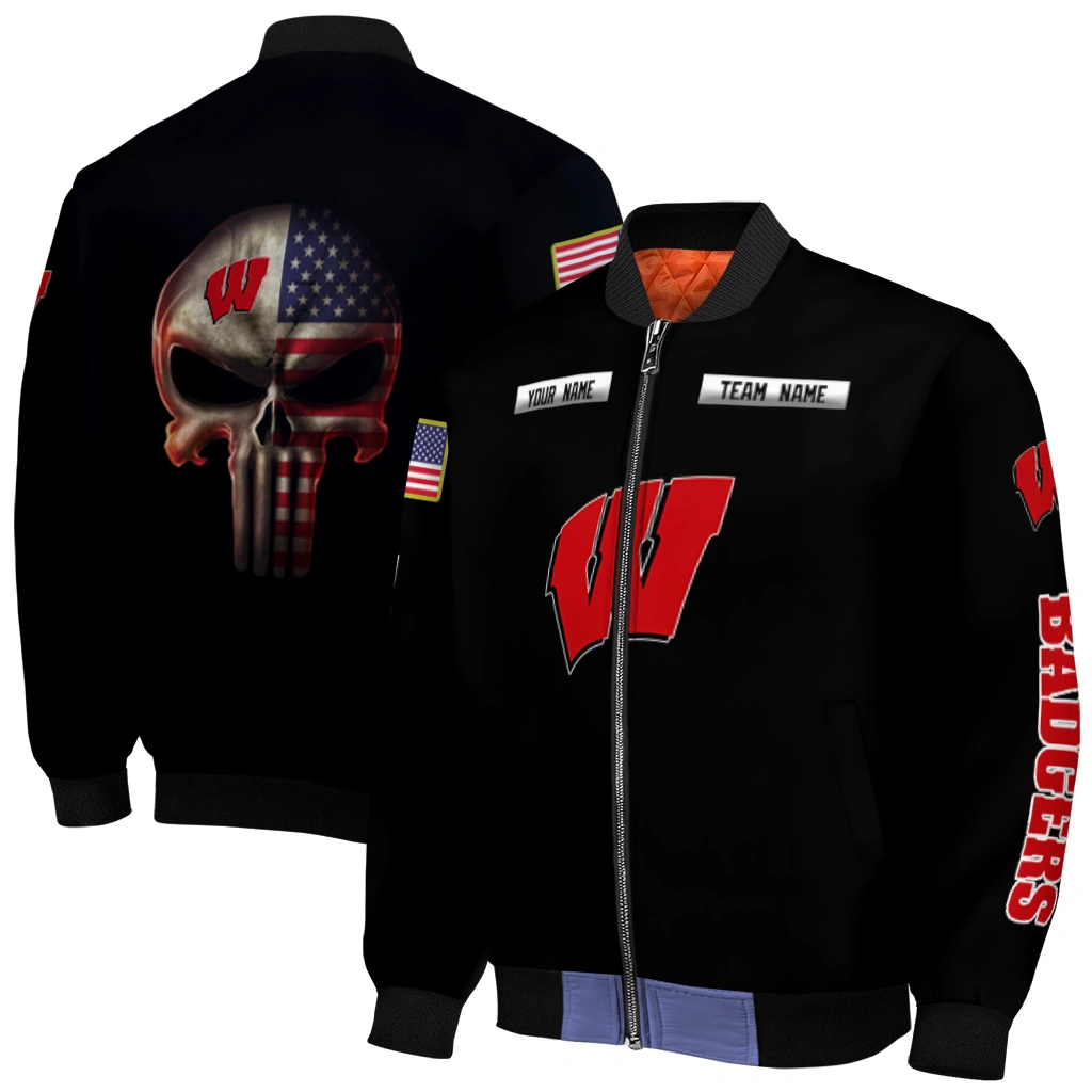 customized wisconsin badgers american flag skull black bomber jacket best selling customized wisconsin badgers american flag skull black bomber jacket best selling