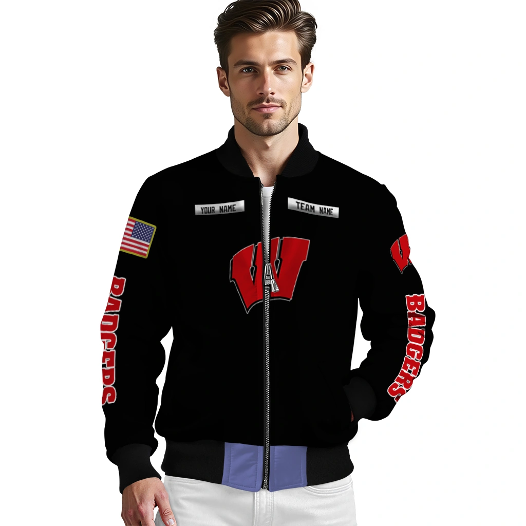 customized wisconsin badgers american flag skull black bomber jacket high quality customized wisconsin badgers american flag skull black bomber jacket high quality