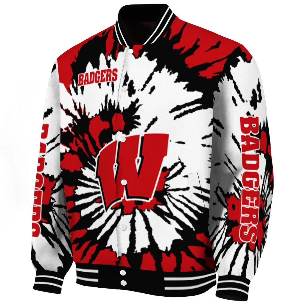 customized wisconsin badgers burst splatter red varsity jacket best selling customized wisconsin badgers burst splatter red varsity jacket best selling