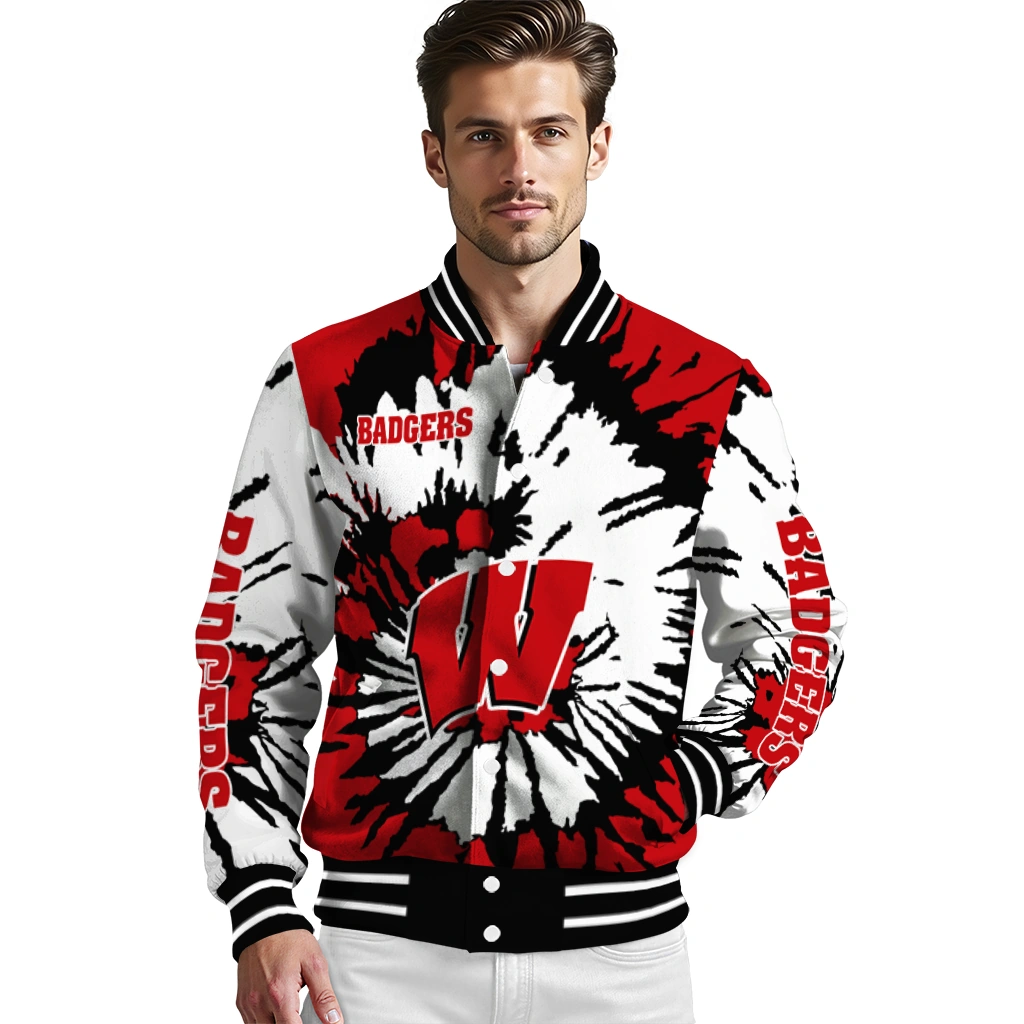customized wisconsin badgers burst splatter red varsity jacket high quality customized wisconsin badgers burst splatter red varsity jacket high quality