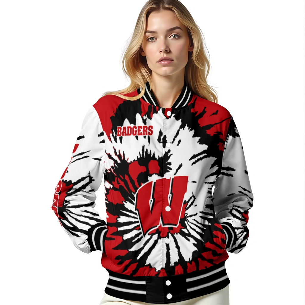 customized wisconsin badgers burst splatter red varsity jacket latest model customized wisconsin badgers burst splatter red varsity jacket latest model