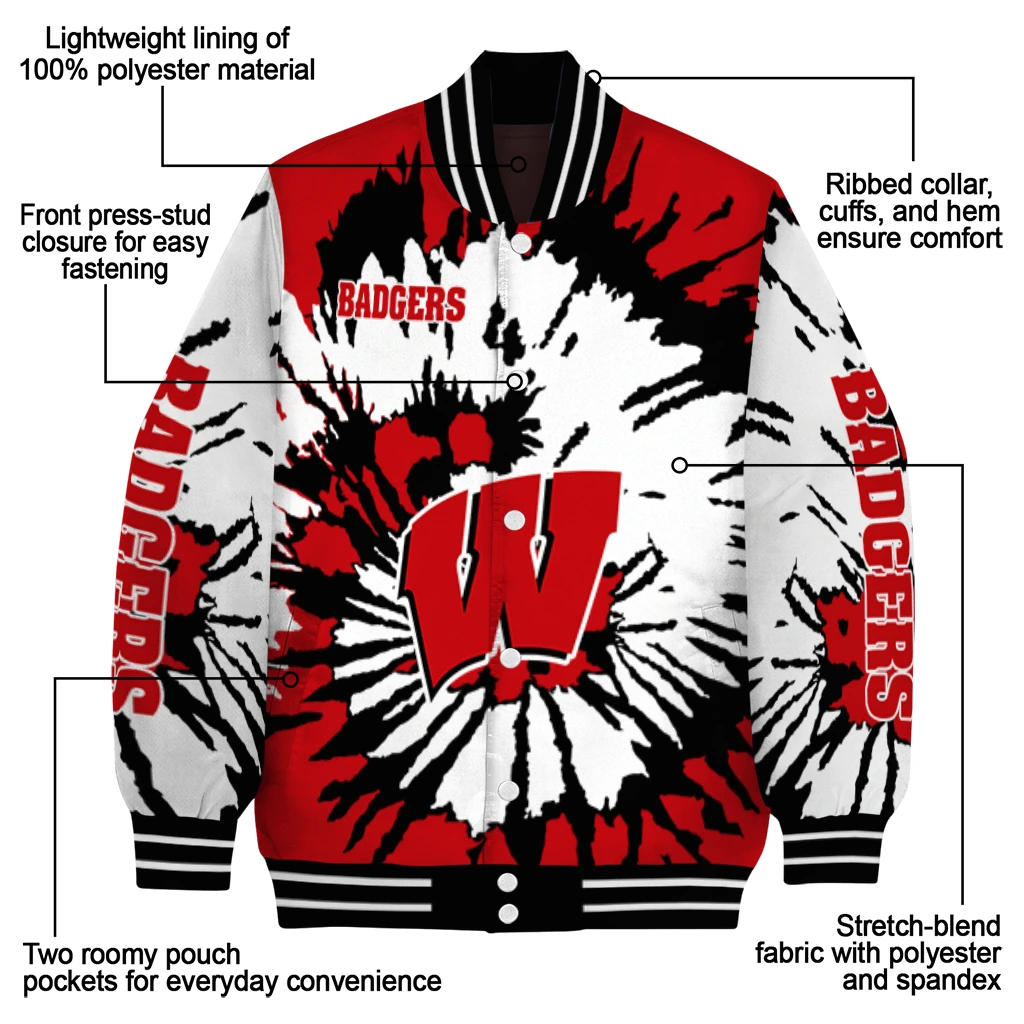 customized wisconsin badgers burst splatter red varsity jacket new arrival customized wisconsin badgers burst splatter red varsity jacket new arrival