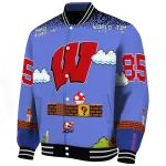 customized wisconsin badgers mario blocks blue black varsity jacket best selling