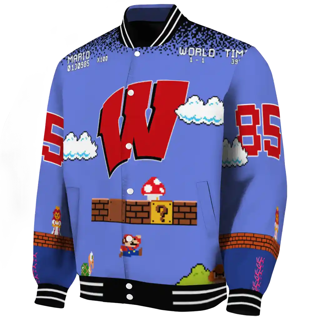 customized wisconsin badgers mario blocks blue black varsity jacket best selling customized wisconsin badgers mario blocks blue black varsity jacket best selling