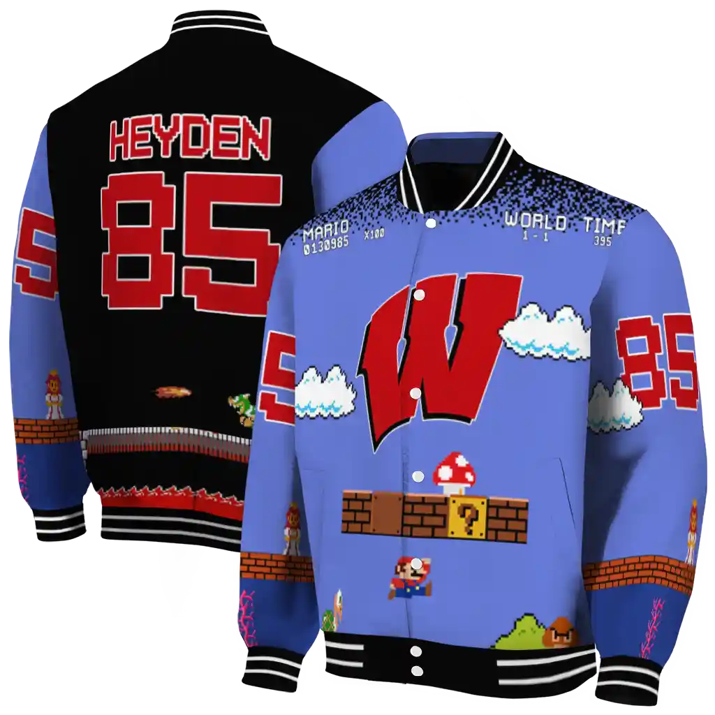 customized wisconsin badgers mario blocks blue black varsity jacket fashion forward customized wisconsin badgers mario blocks blue black varsity jacket fashion forward