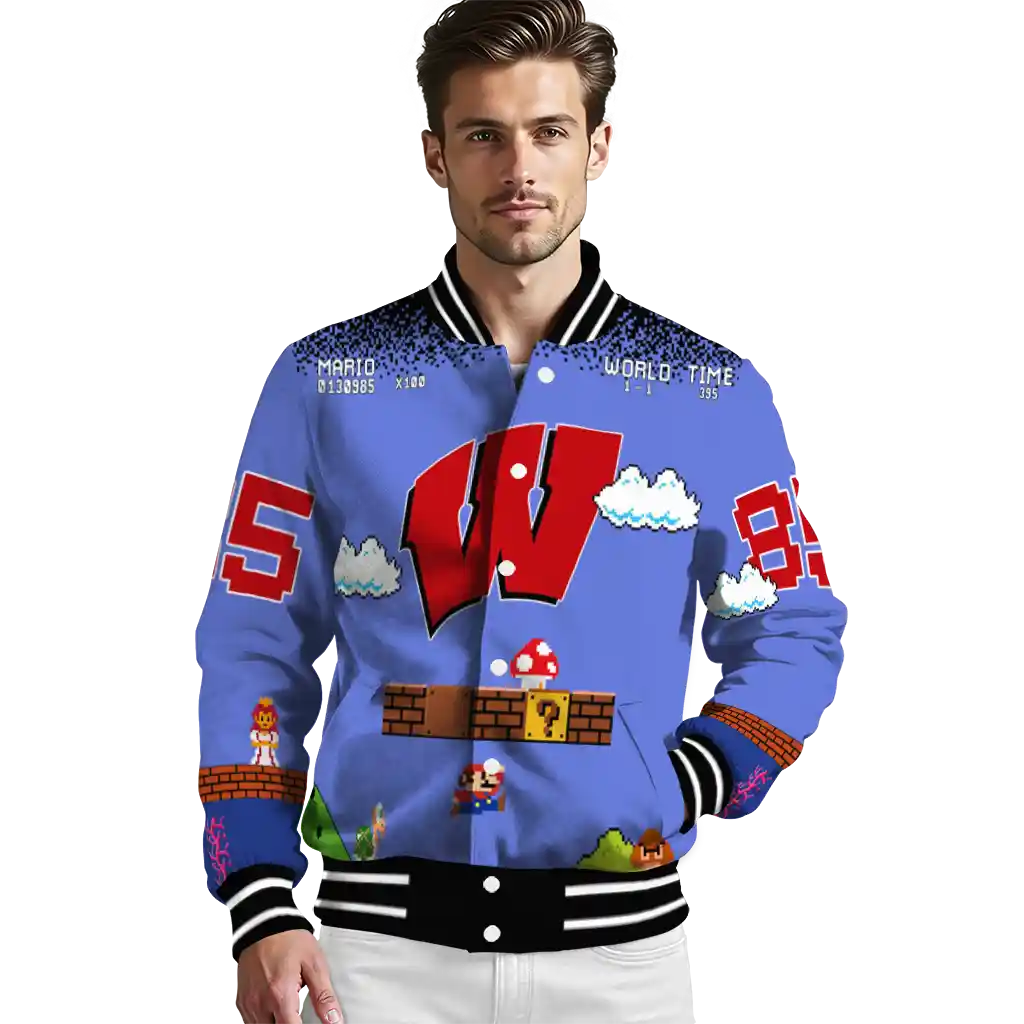 customized wisconsin badgers mario blocks blue black varsity jacket high quality customized wisconsin badgers mario blocks blue black varsity jacket high quality