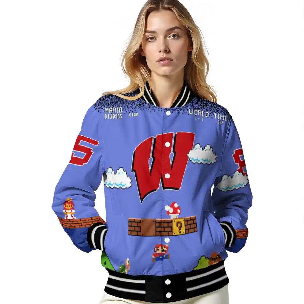 customized wisconsin badgers mario blocks blue black varsity jacket latest model customized wisconsin badgers mario blocks blue black varsity jacket latest model