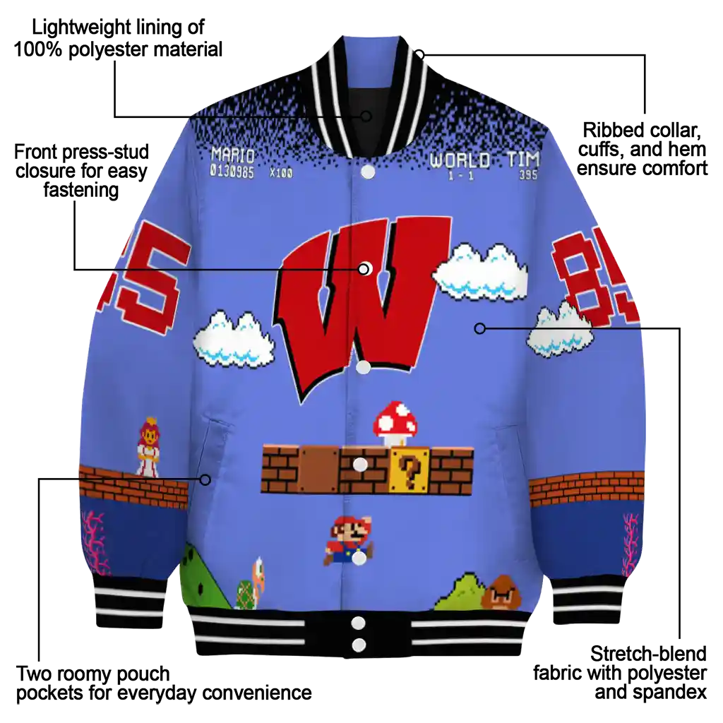 customized wisconsin badgers mario blocks blue black varsity jacket new arrival customized wisconsin badgers mario blocks blue black varsity jacket new arrival