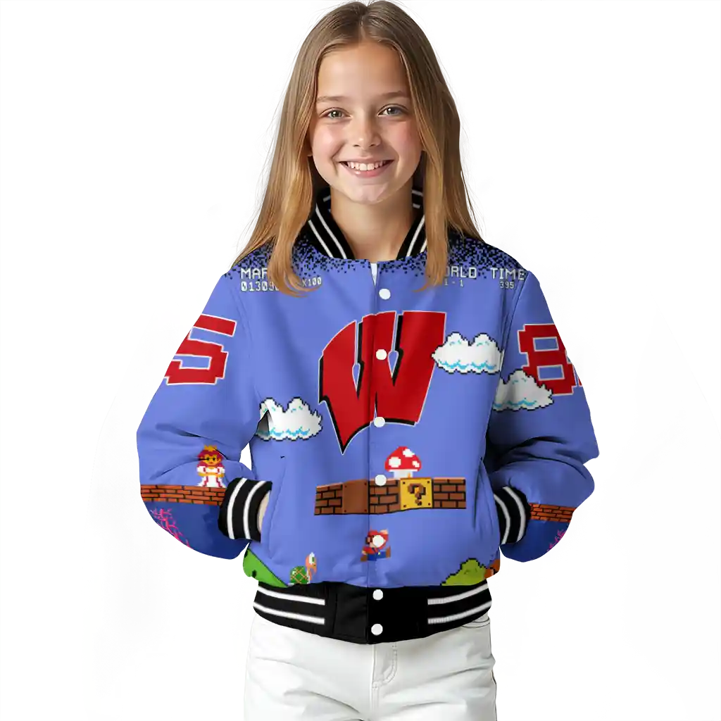 customized wisconsin badgers mario blocks blue black varsity jacket top rated customized wisconsin badgers mario blocks blue black varsity jacket top rated