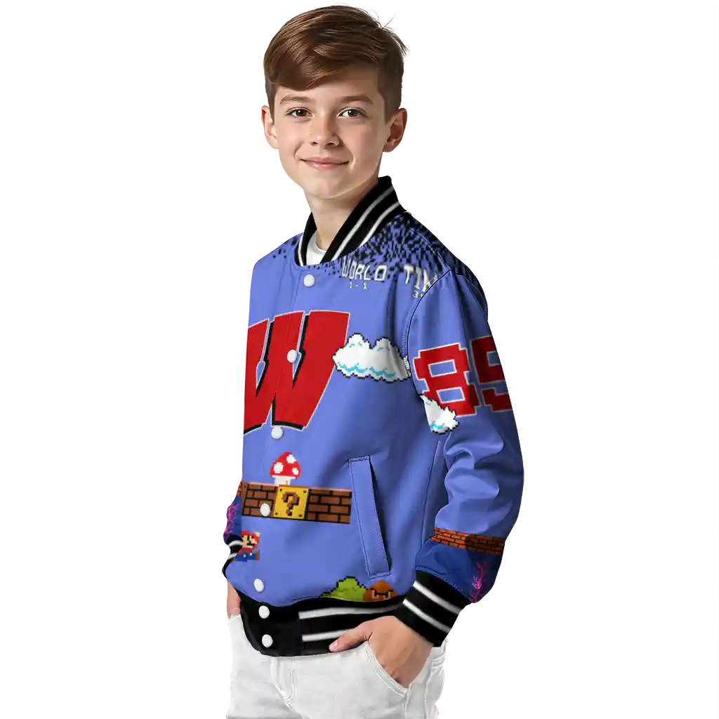 customized wisconsin badgers mario blocks blue black varsity jacket trendy customized wisconsin badgers mario blocks blue black varsity jacket trendy