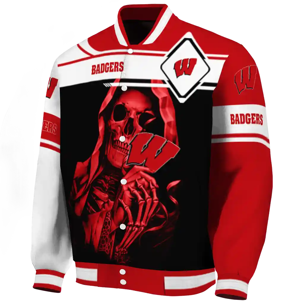 customized wisconsin badgers reaper hands red black varsity jacket best selling customized wisconsin badgers reaper hands red black varsity jacket best selling