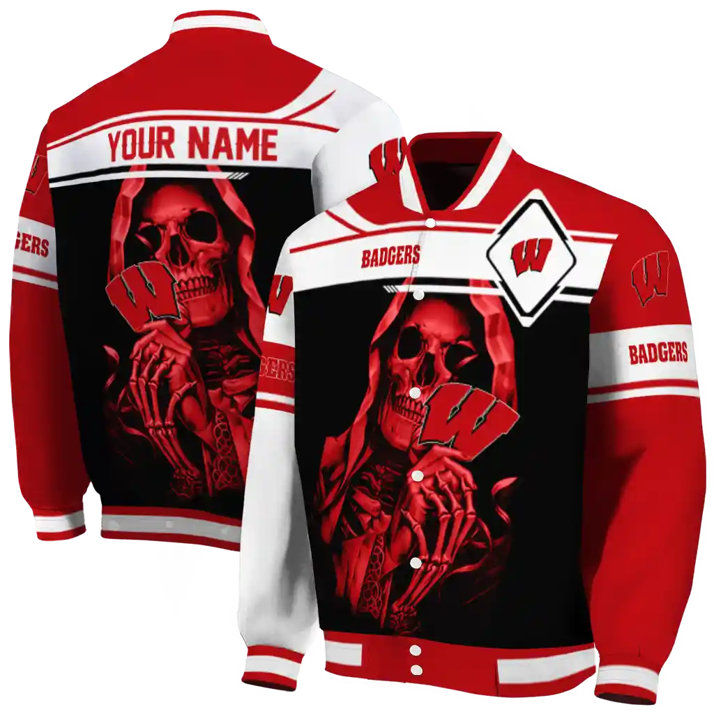 customized wisconsin badgers reaper hands red black varsity jacket fashion forward customized wisconsin badgers reaper hands red black varsity jacket fashion forward