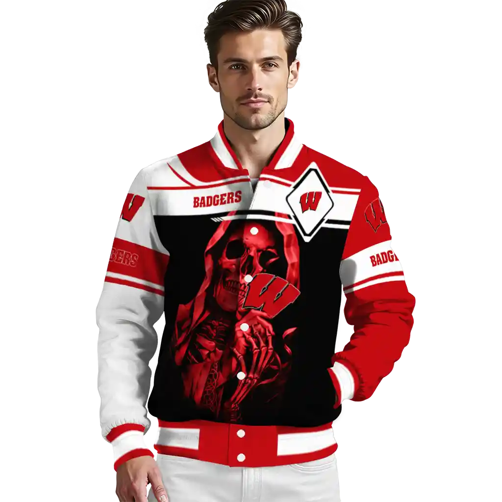 customized wisconsin badgers reaper hands red black varsity jacket high quality customized wisconsin badgers reaper hands red black varsity jacket high quality
