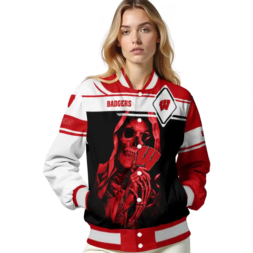 customized wisconsin badgers reaper hands red black varsity jacket latest model customized wisconsin badgers reaper hands red black varsity jacket latest model