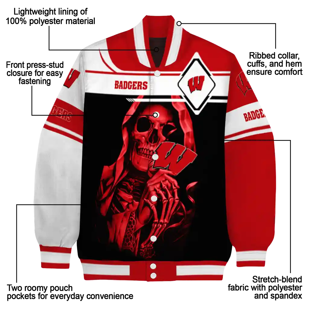 customized wisconsin badgers reaper hands red black varsity jacket new arrival customized wisconsin badgers reaper hands red black varsity jacket new arrival