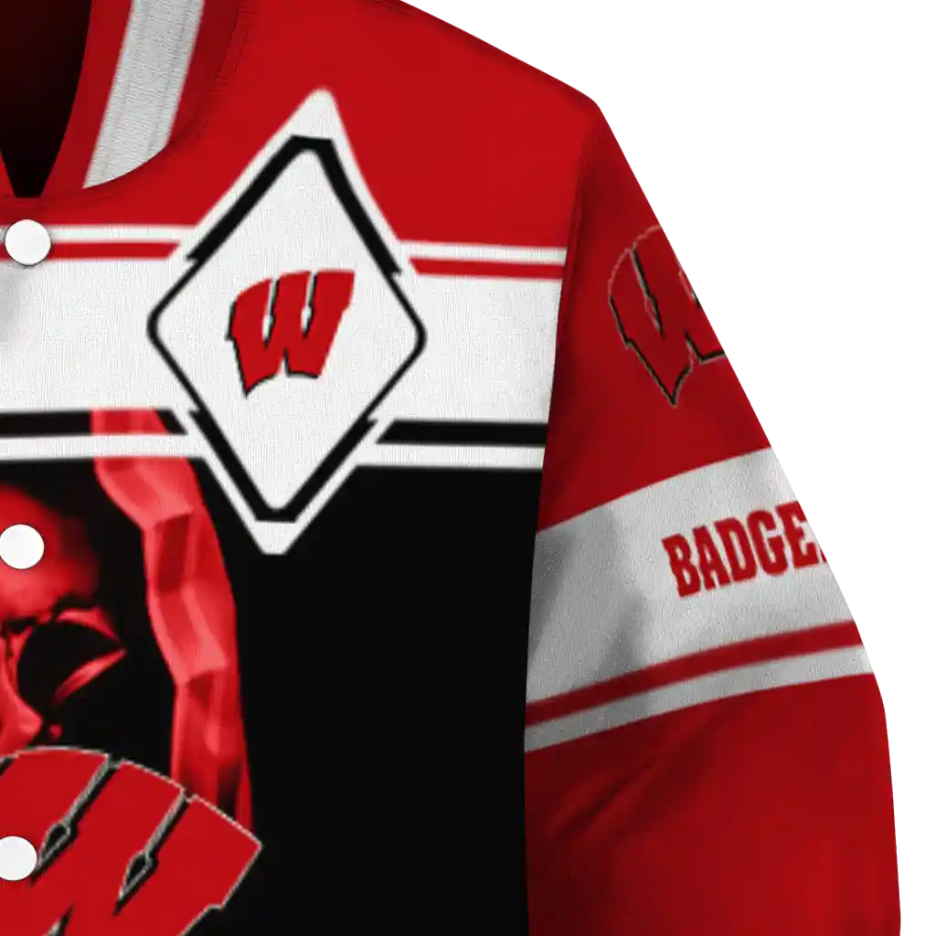customized wisconsin badgers reaper hands red black varsity jacket premium grade customized wisconsin badgers reaper hands red black varsity jacket premium grade