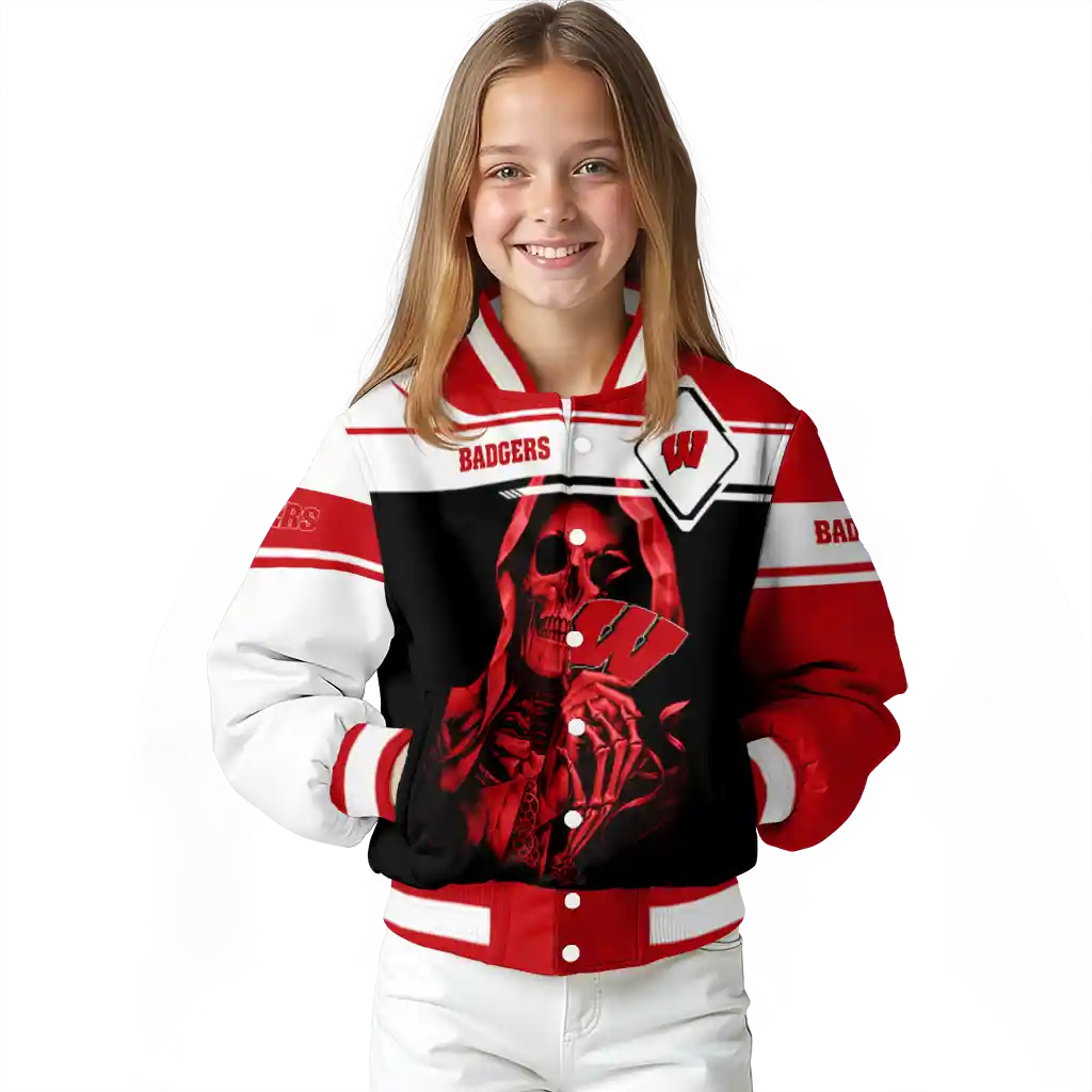 customized wisconsin badgers reaper hands red black varsity jacket top rated customized wisconsin badgers reaper hands red black varsity jacket top rated