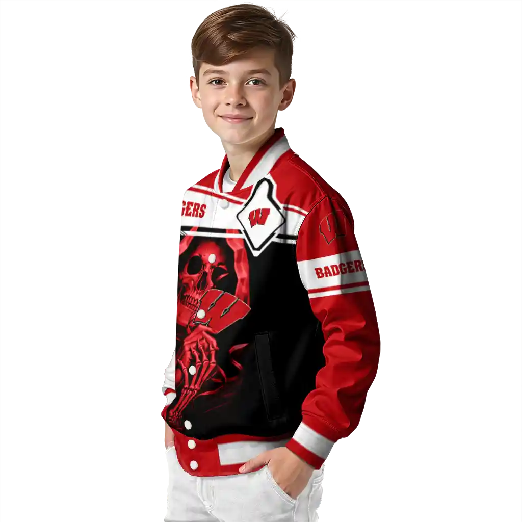 customized wisconsin badgers reaper hands red black varsity jacket trendy customized wisconsin badgers reaper hands red black varsity jacket trendy