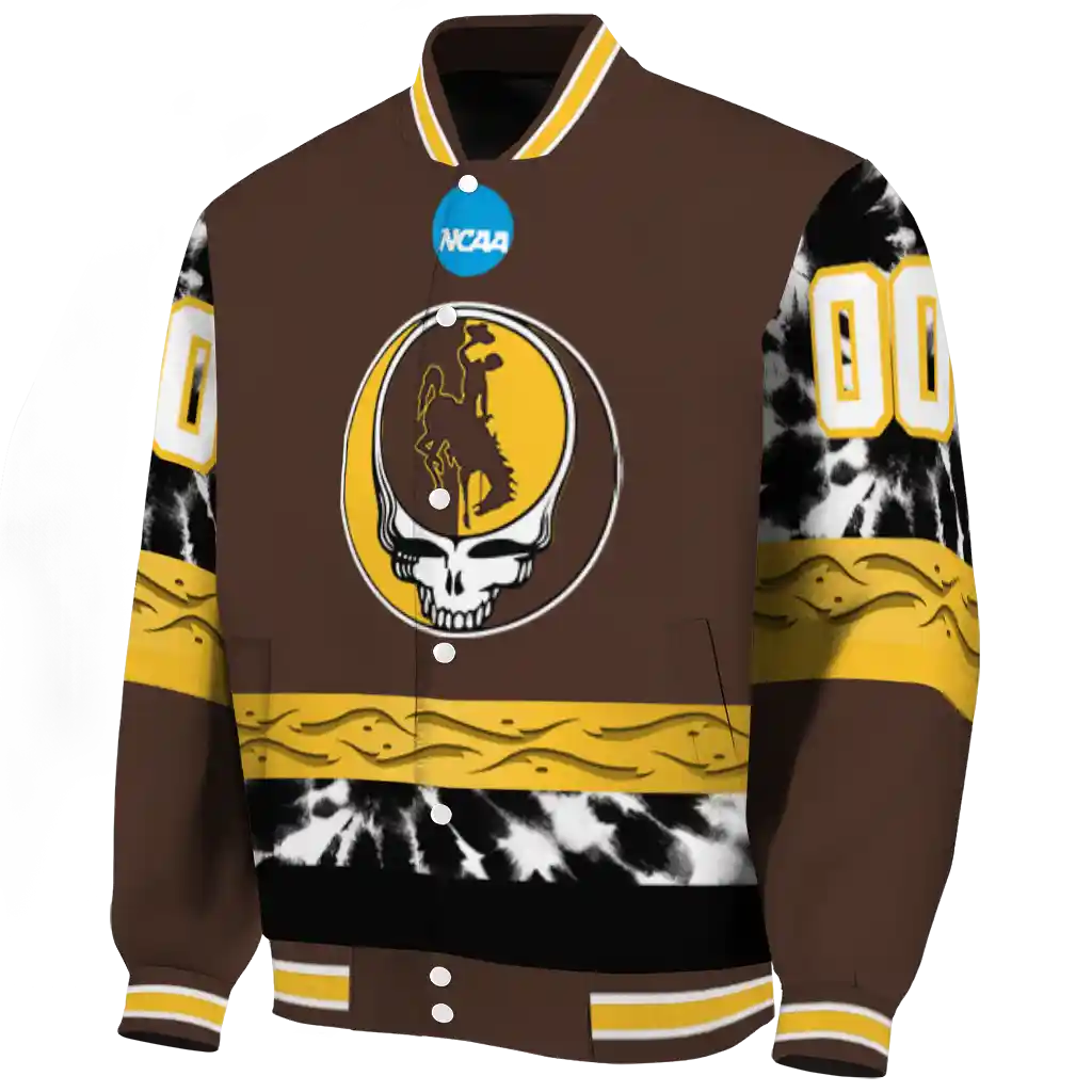 customized wyoming cowboys circle skull brown black varsity jacket best selling customized wyoming cowboys circle skull brown black varsity jacket best selling