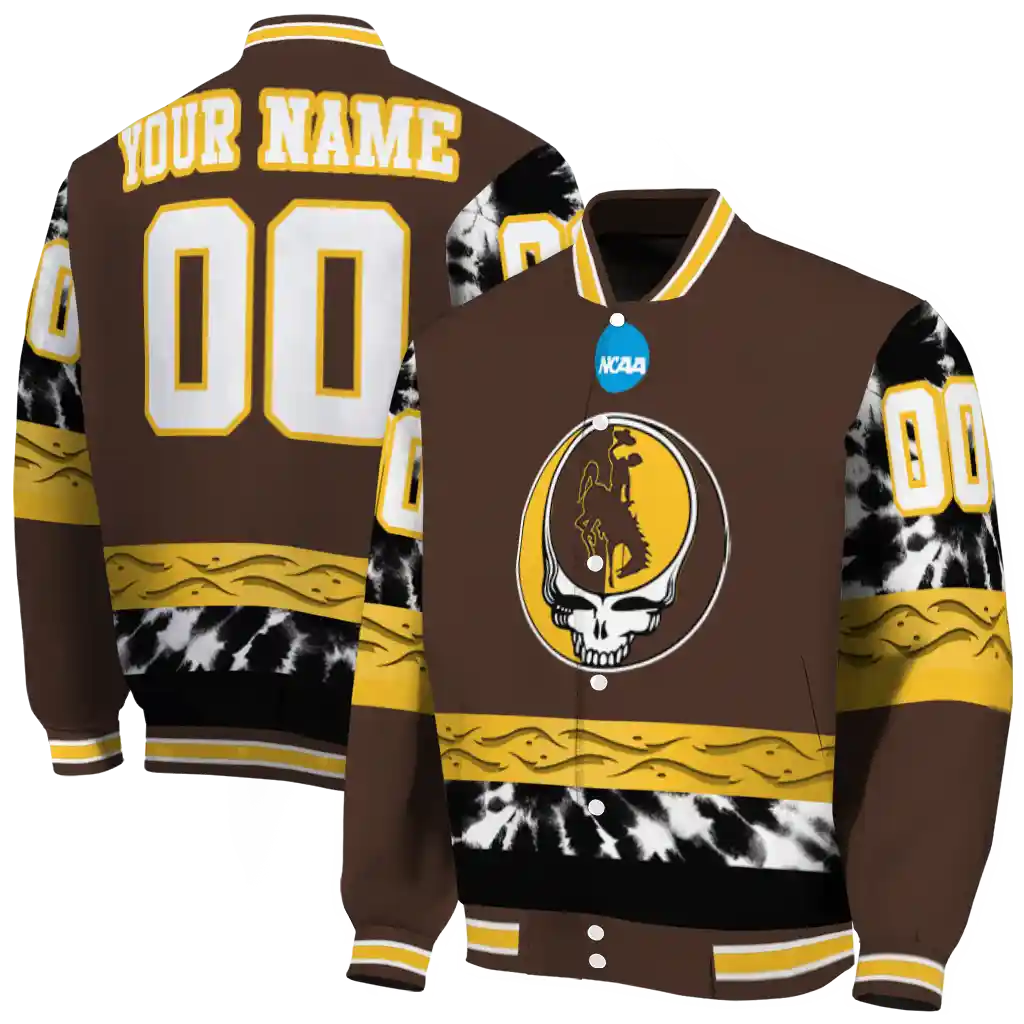 customized wyoming cowboys circle skull brown black varsity jacket fashion forward customized wyoming cowboys circle skull brown black varsity jacket fashion forward