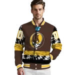 customized wyoming cowboys circle skull brown black varsity jacket best selling