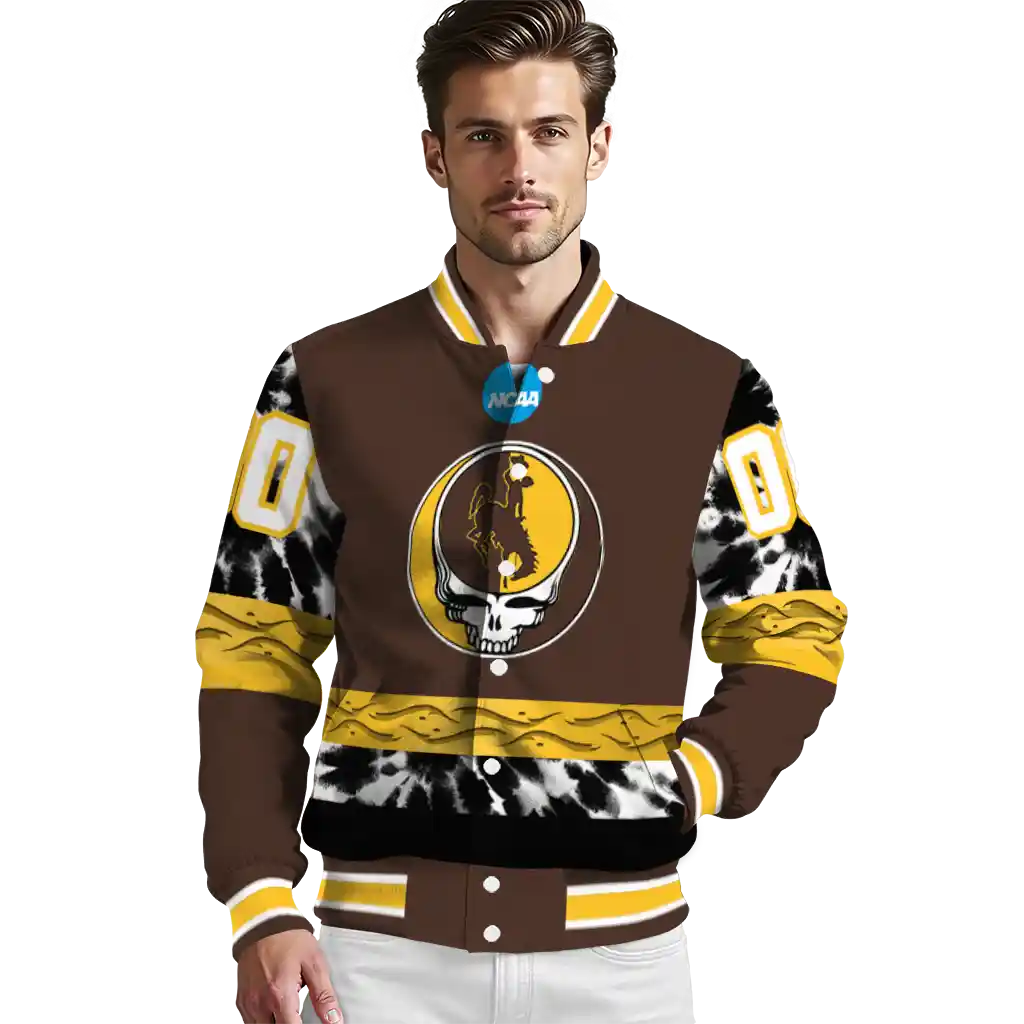 customized wyoming cowboys circle skull brown black varsity jacket high quality customized wyoming cowboys circle skull brown black varsity jacket high quality