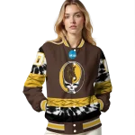 customized wyoming cowboys circle skull brown black varsity jacket best selling