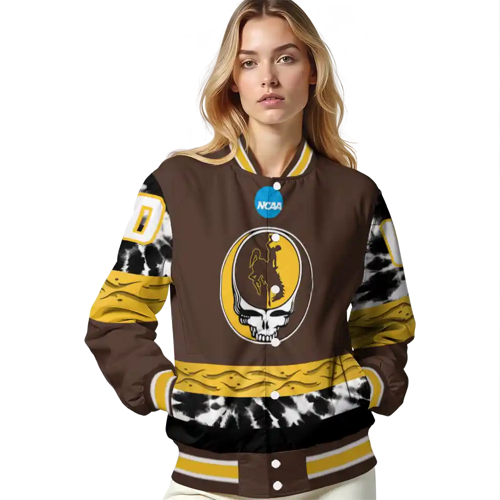 customized wyoming cowboys circle skull brown black varsity jacket latest model customized wyoming cowboys circle skull brown black varsity jacket latest model