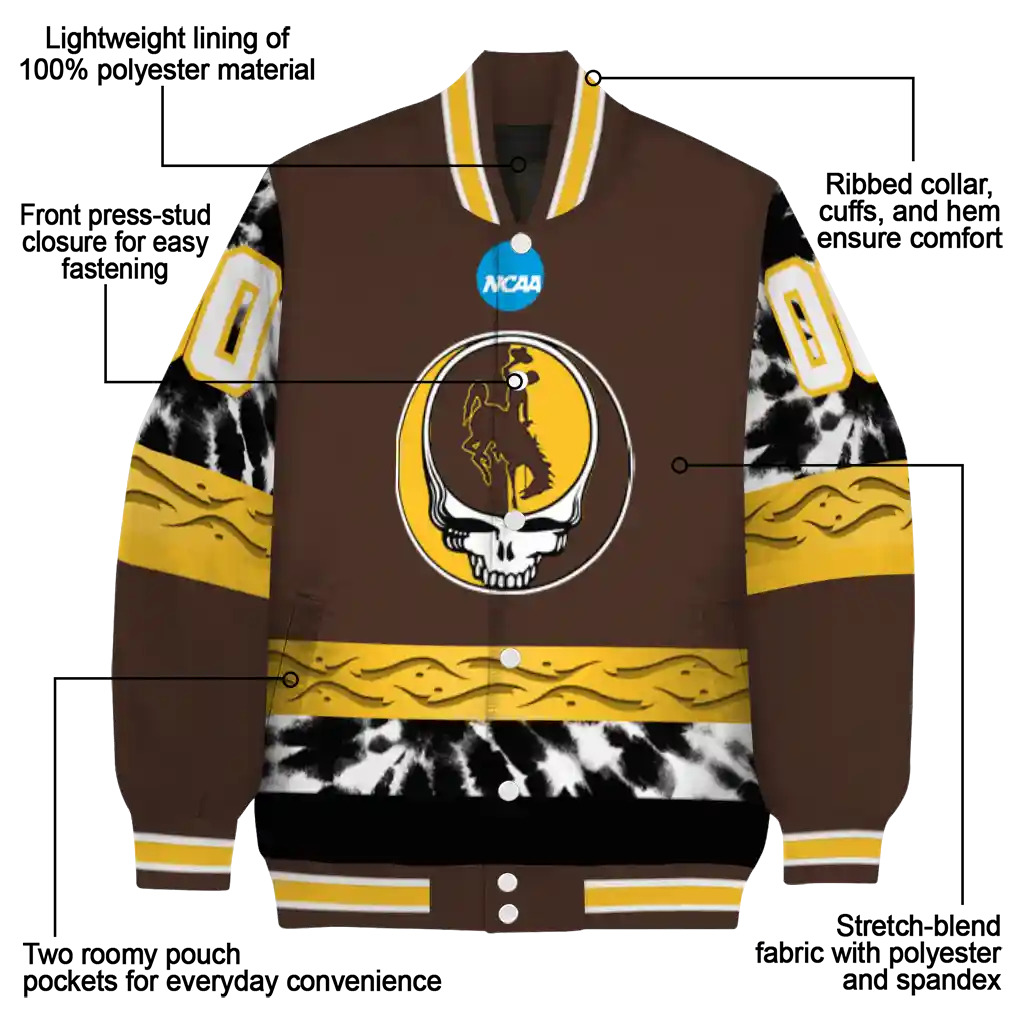 customized wyoming cowboys circle skull brown black varsity jacket new arrival customized wyoming cowboys circle skull brown black varsity jacket new arrival