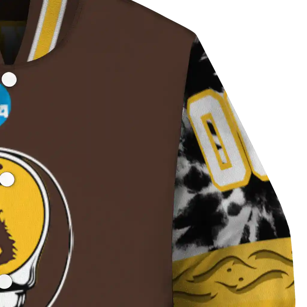 customized wyoming cowboys circle skull brown black varsity jacket premium grade customized wyoming cowboys circle skull brown black varsity jacket premium grade