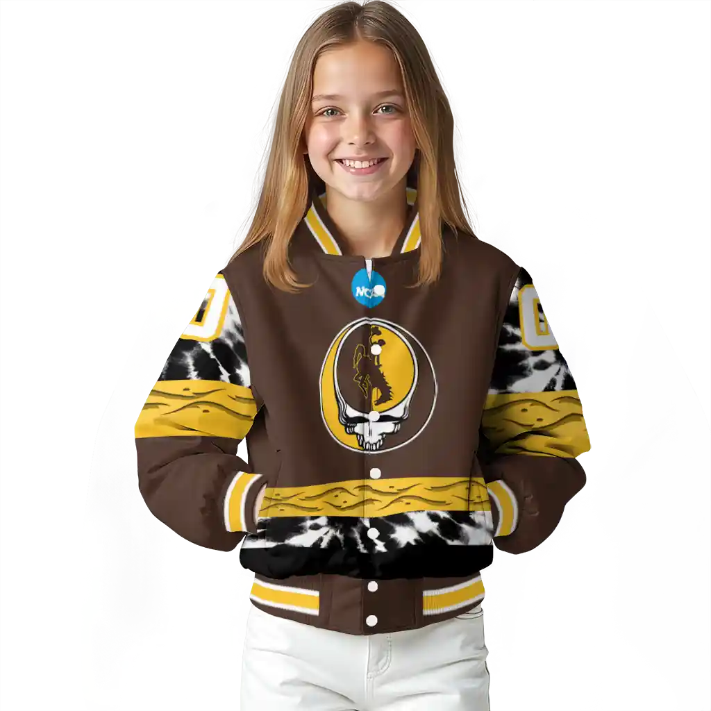 customized wyoming cowboys circle skull brown black varsity jacket top rated customized wyoming cowboys circle skull brown black varsity jacket top rated