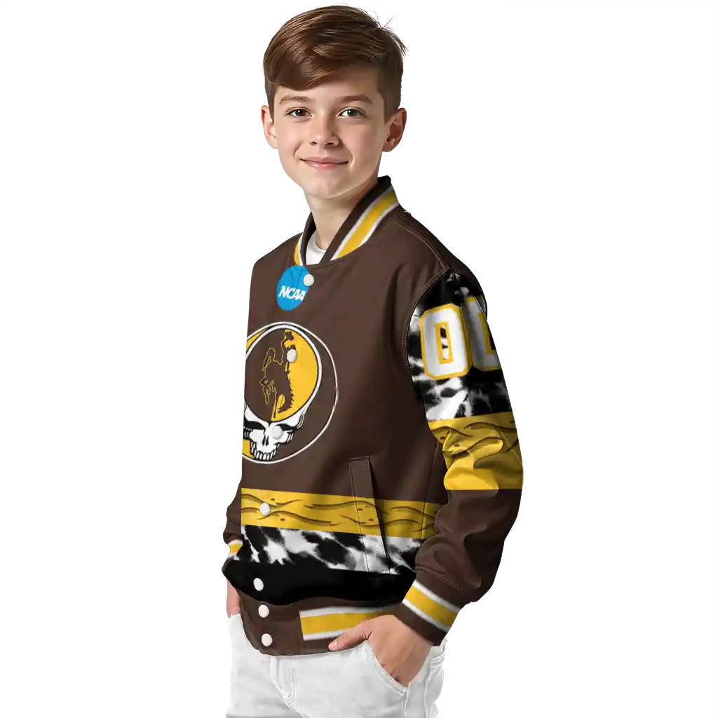 customized wyoming cowboys circle skull brown black varsity jacket trendy customized wyoming cowboys circle skull brown black varsity jacket trendy