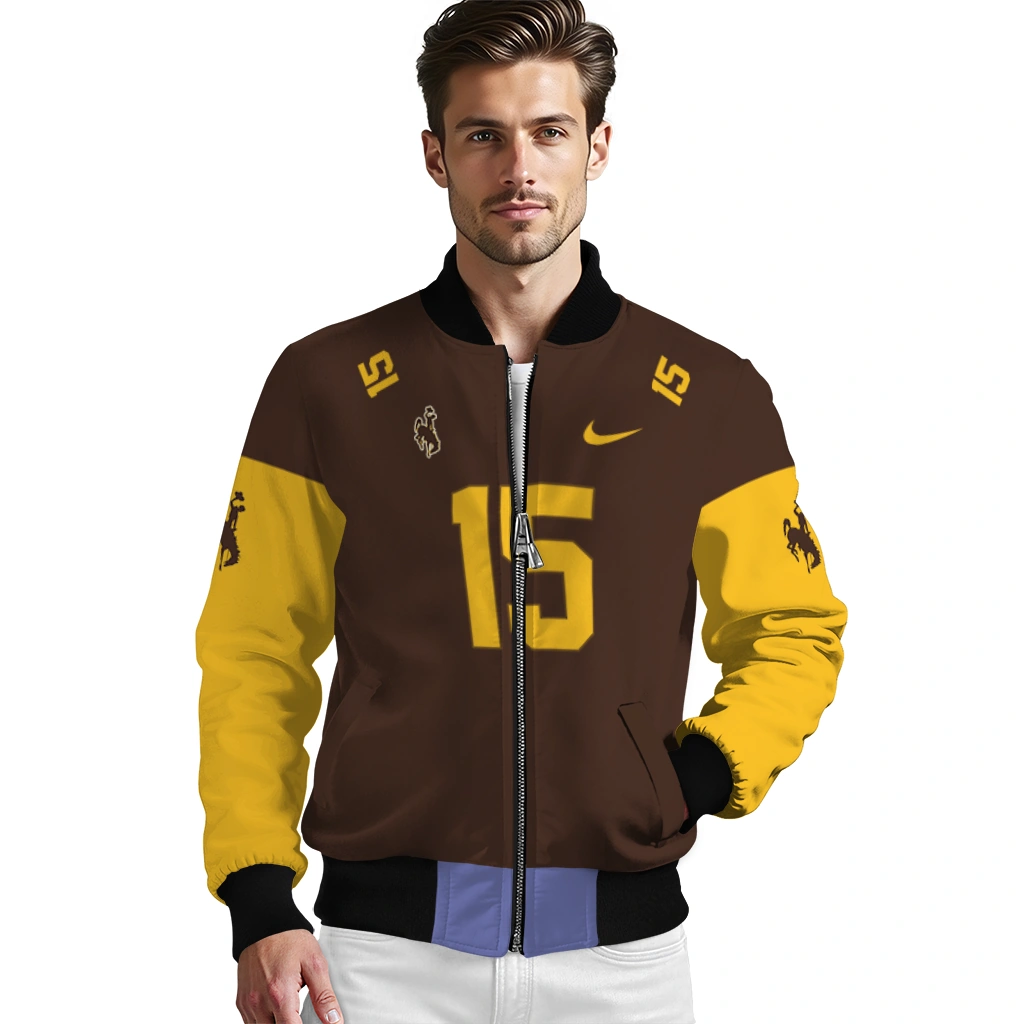 customized wyoming cowboys team patch brown bomber jacket high quality customized wyoming cowboys team patch brown bomber jacket high quality