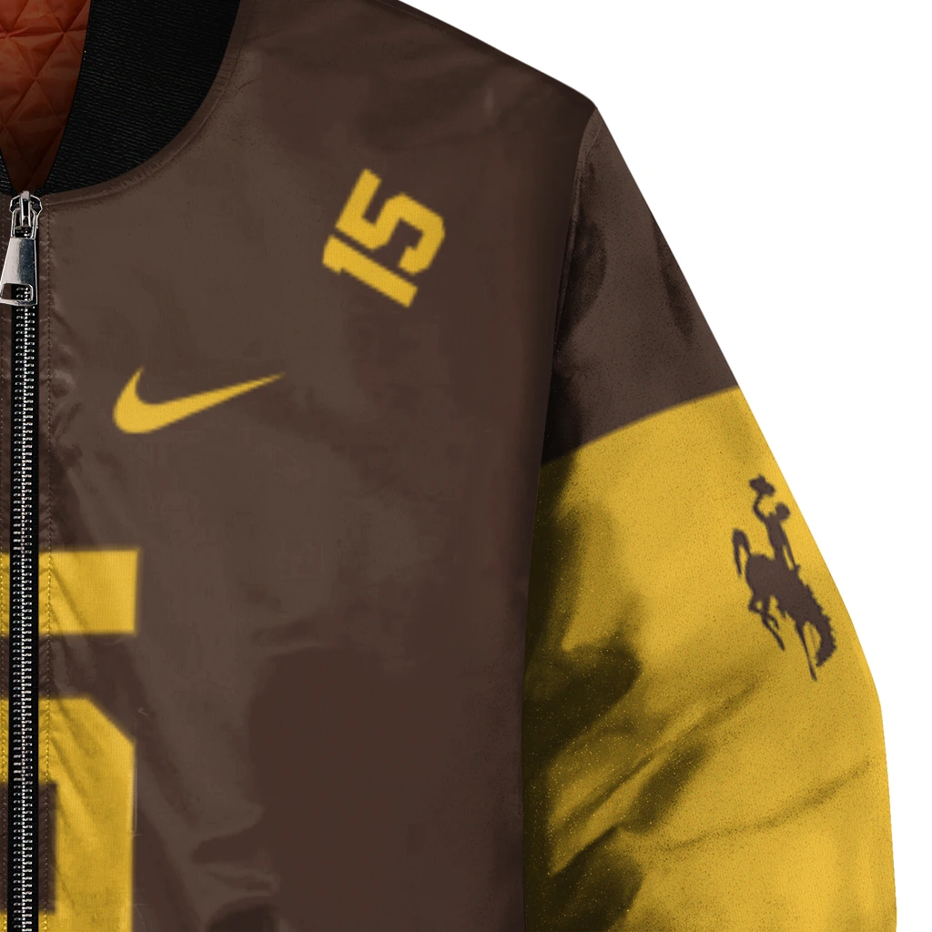 customized wyoming cowboys team patch brown bomber jacket premium grade customized wyoming cowboys team patch brown bomber jacket premium grade