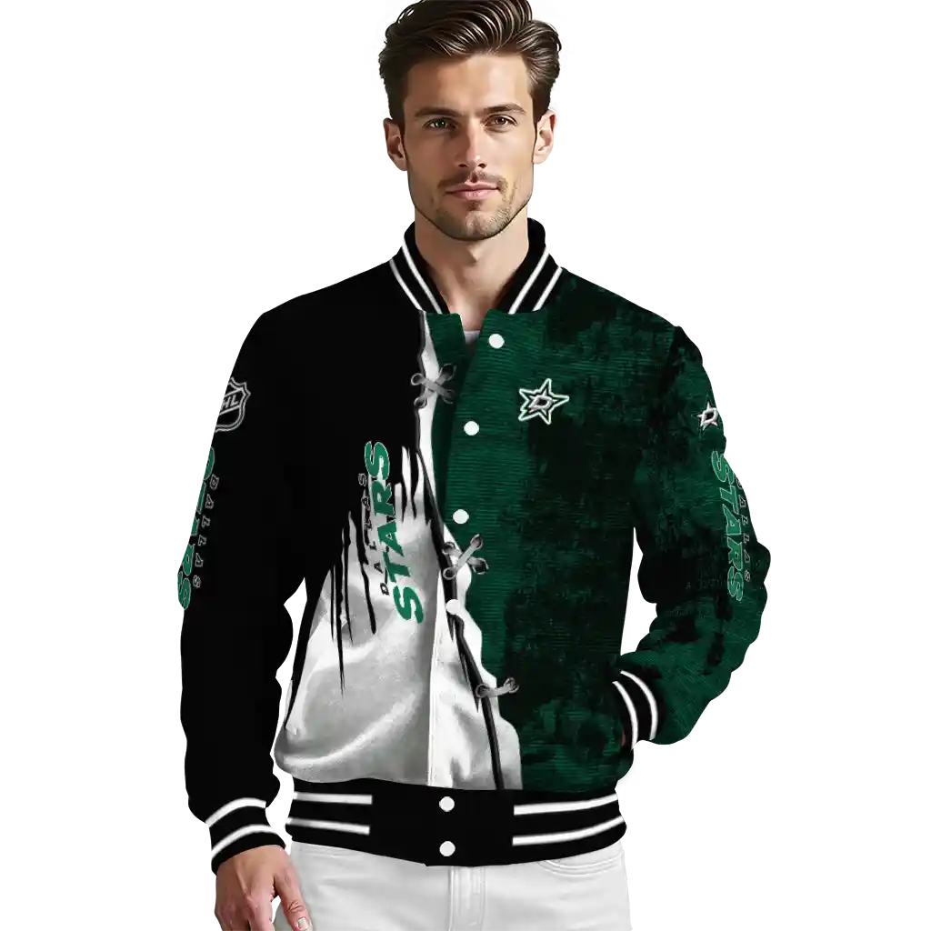 dallas stars distressed slash green black varsity jacket high quality dallas stars distressed slash green black varsity jacket high quality