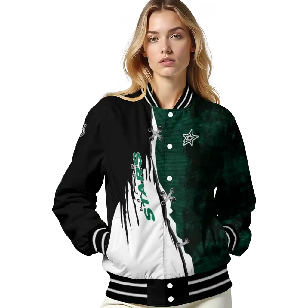 dallas stars distressed slash green black varsity jacket latest model dallas stars distressed slash green black varsity jacket latest model