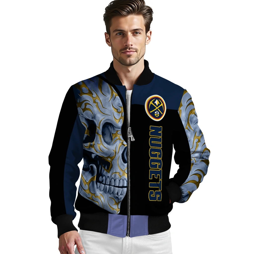 denver nuggets fire skull blue black bomber jacket high quality denver nuggets fire skull blue black bomber jacket high quality