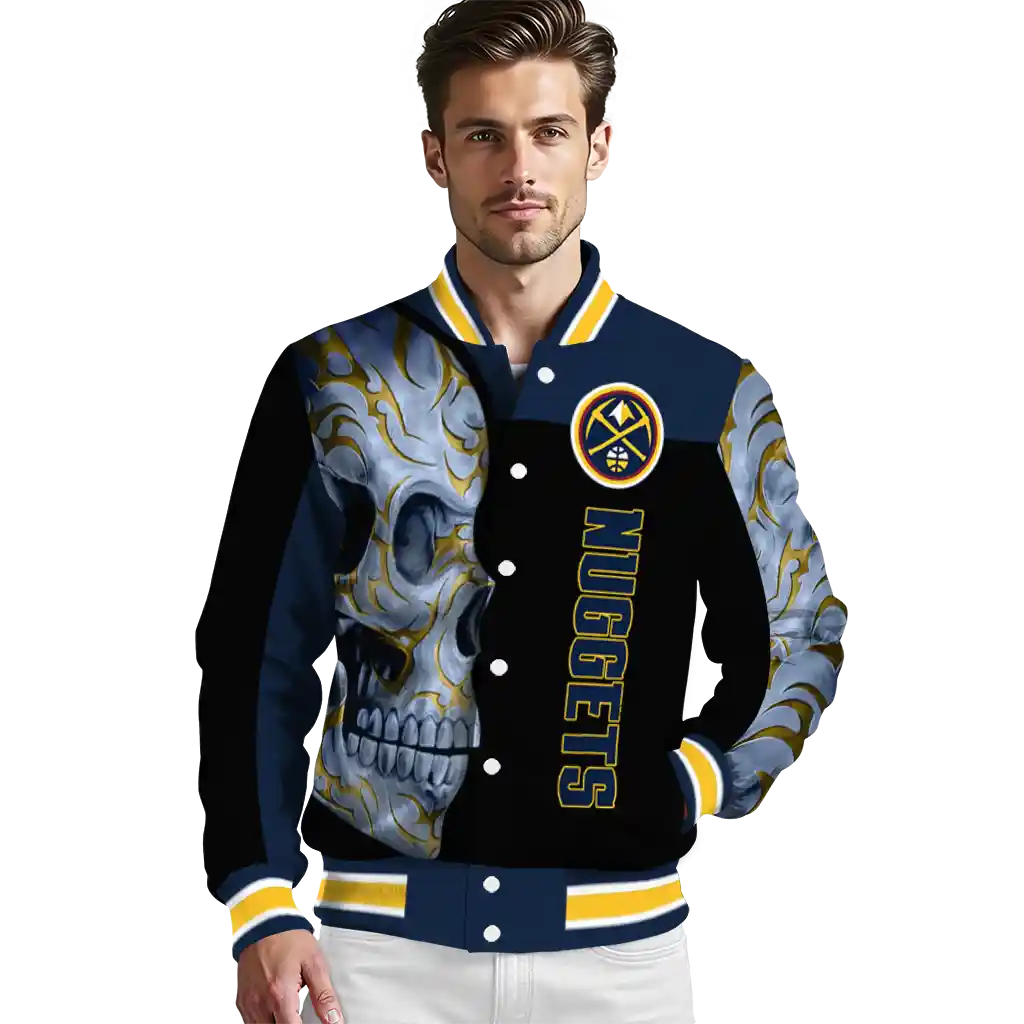 denver nuggets fire skull blue black varsity jacket high quality denver nuggets fire skull blue black varsity jacket high quality