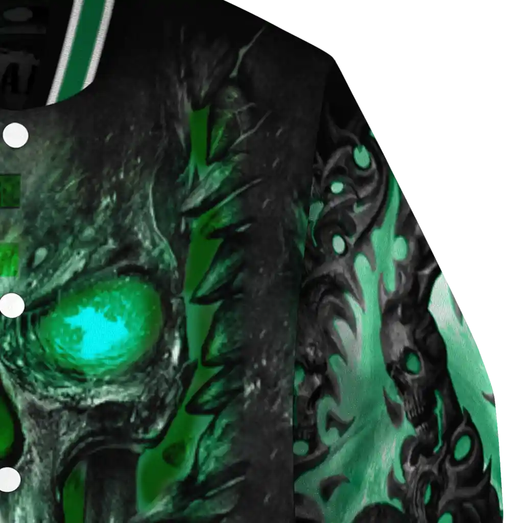 eastern michigan eagles inferno skull green black varsity jacket premium grade eastern michigan eagles inferno skull green black varsity jacket premium grade