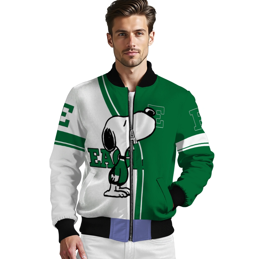 eastern michigan eagles snoopy attitude green bomber jacket high quality eastern michigan eagles snoopy attitude green bomber jacket high quality