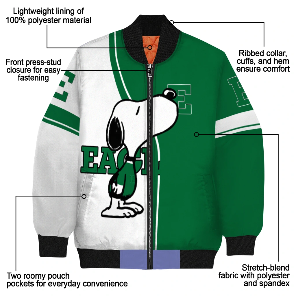 eastern michigan eagles snoopy attitude green bomber jacket new arrival eastern michigan eagles snoopy attitude green bomber jacket new arrival