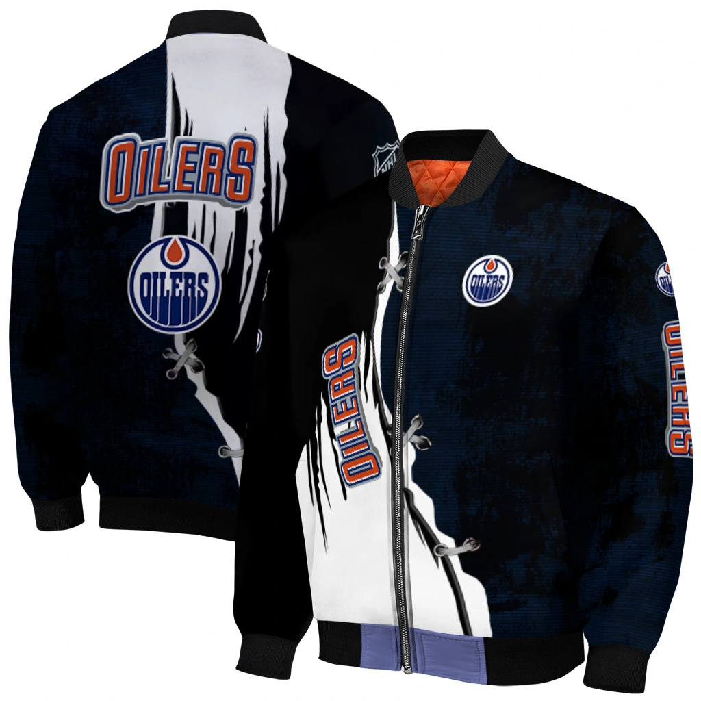 edmonton oilers distressed slash blue black bomber jacket best selling edmonton oilers distressed slash blue black bomber jacket best selling