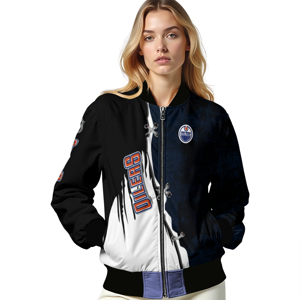 edmonton oilers distressed slash blue black bomber jacket latest model edmonton oilers distressed slash blue black bomber jacket latest model