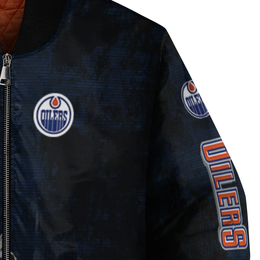 edmonton oilers distressed slash blue black bomber jacket premium grade edmonton oilers distressed slash blue black bomber jacket premium grade