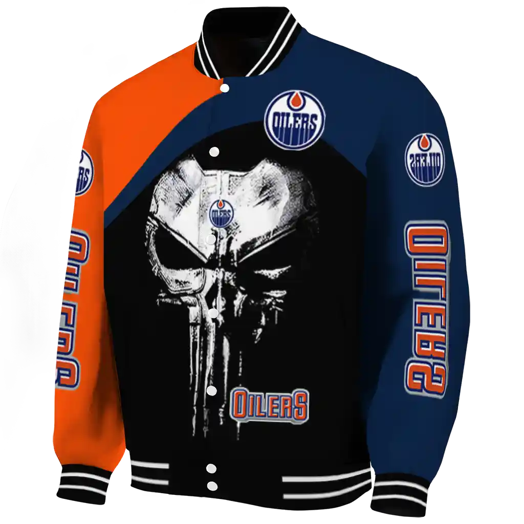 edmonton oilers edgy mask blue black varsity jacket best selling edmonton oilers edgy mask blue black varsity jacket best selling