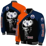 edmonton oilers edgy mask blue black varsity jacket best selling