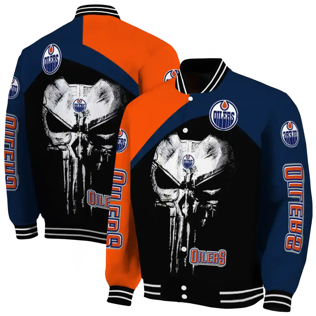 edmonton oilers edgy mask blue black varsity jacket fashion forward edmonton oilers edgy mask blue black varsity jacket fashion forward